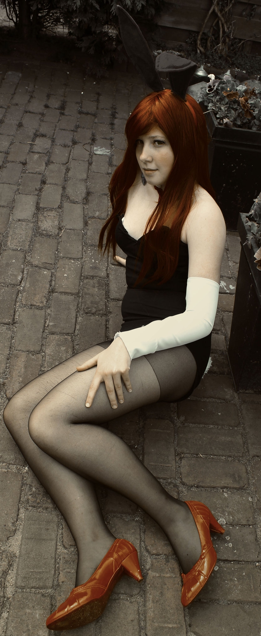 Redhead Girl wearing Bunny Costume, Black Nylon Sheer Pantyhose and Black Bodysuit